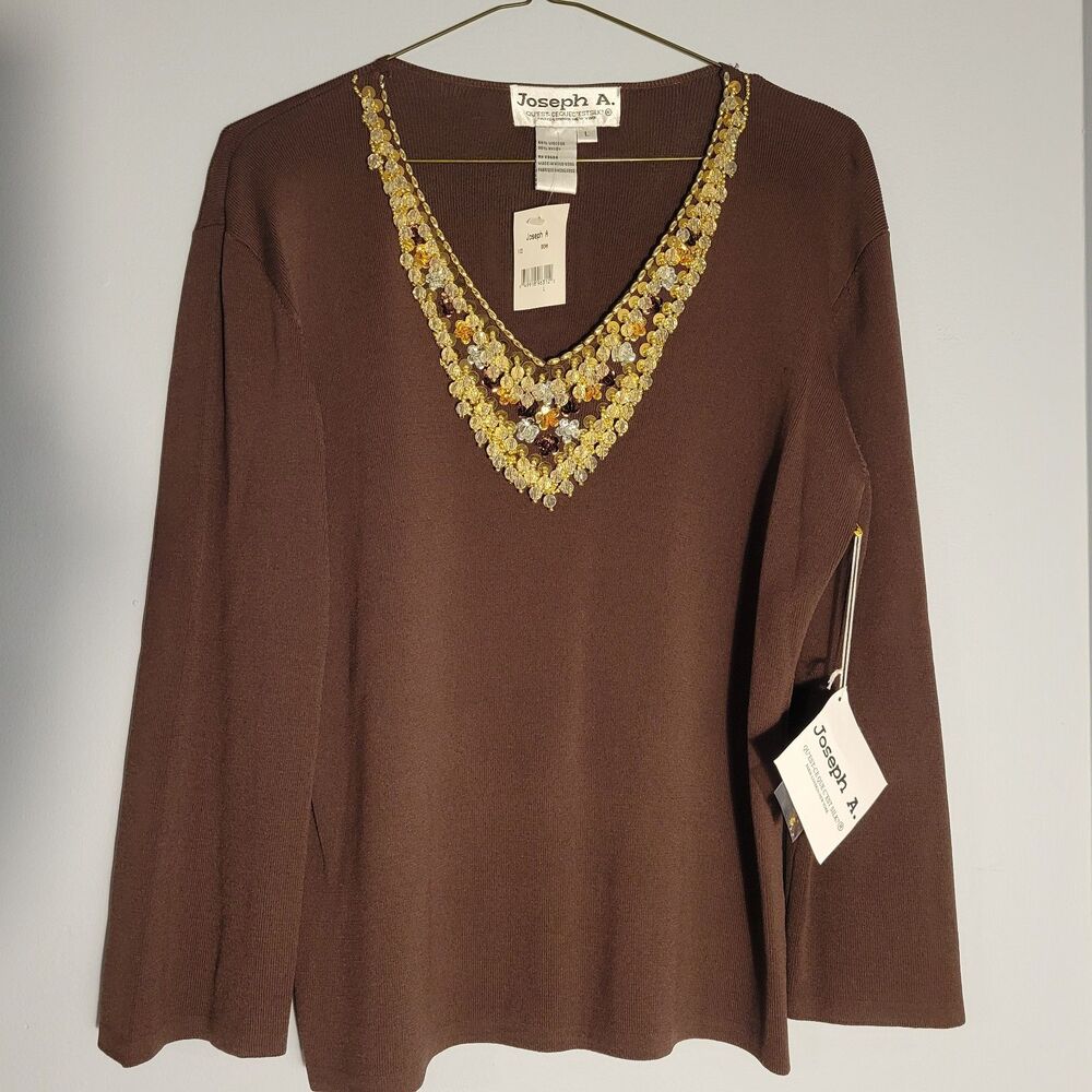 Joseph A Size L Large Brown Pull On V-neck Stretch Knit Blouse Bejeweled